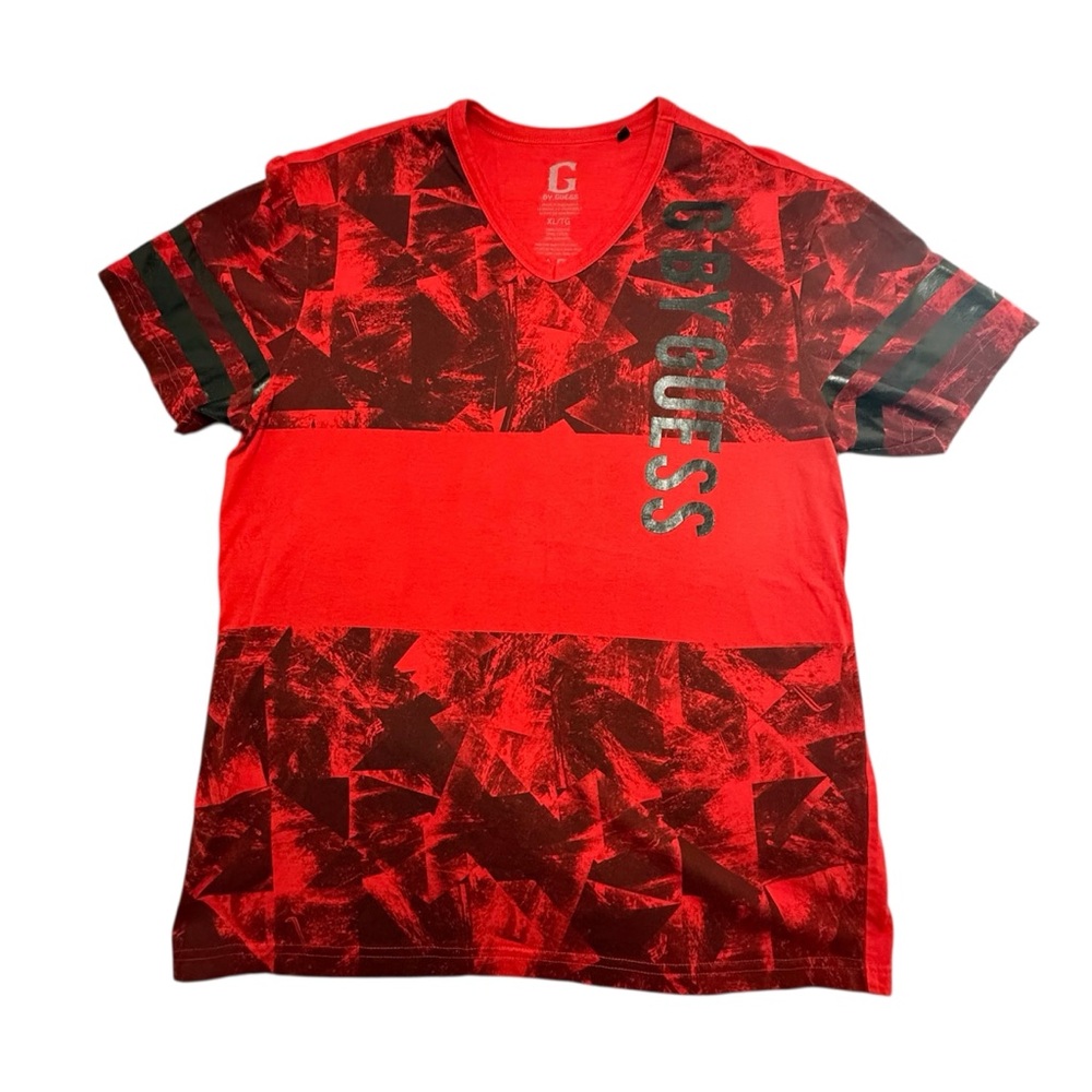 G by Guess Caliber V-Neck T-Shirt Mens XL TG Red Black Abstract Graph